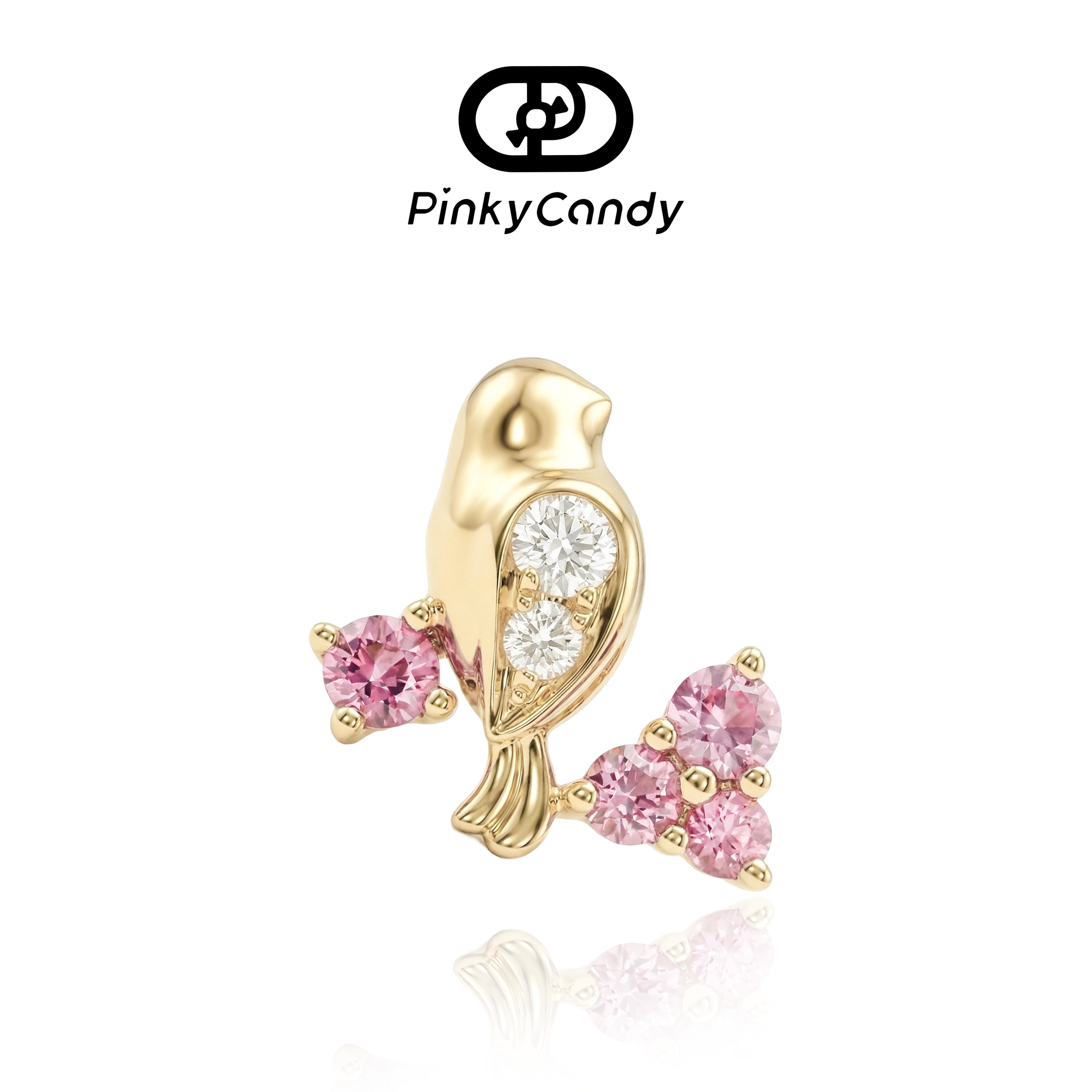 The Perched Songbird Studs | 18K Gold, Natural Diamonds & Pink Sapphire